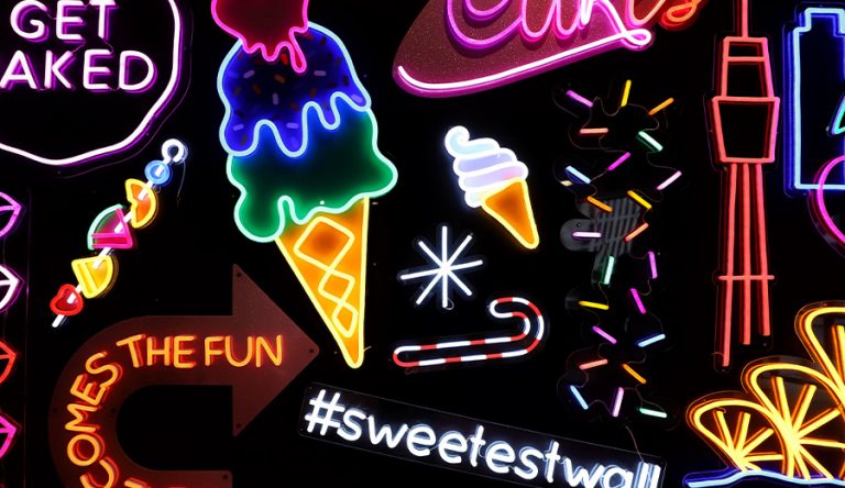 a collage of neon signs related to sweet treats
